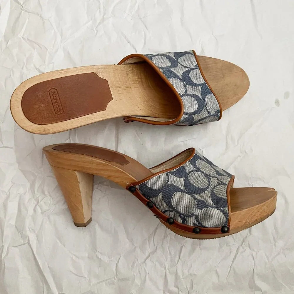 Coach Brenda Logo Wooden Platform Heeled Sandals Sz 7 Blue Made in Italy - Picture 5 of 12